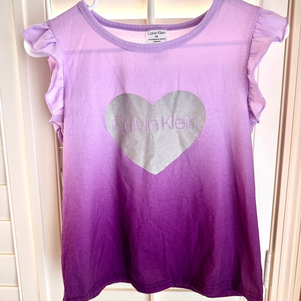 Calvin Klein Girls Purple Ombre Heart Logo Tee Size L 10/12 Ruffle Sleeve